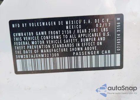 2017 Volkswagen Jetta 1.4T S z USA, uszkodzony, nr VIN 3VW2B7AJXHM321309